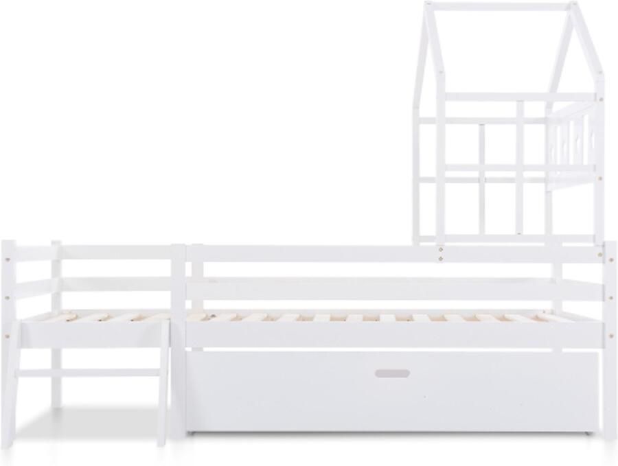 Gotagee Kinderbed 90x200cm wit met ladder en lades massief grenenhouten valbeveiliging huisbed (zonder matras)