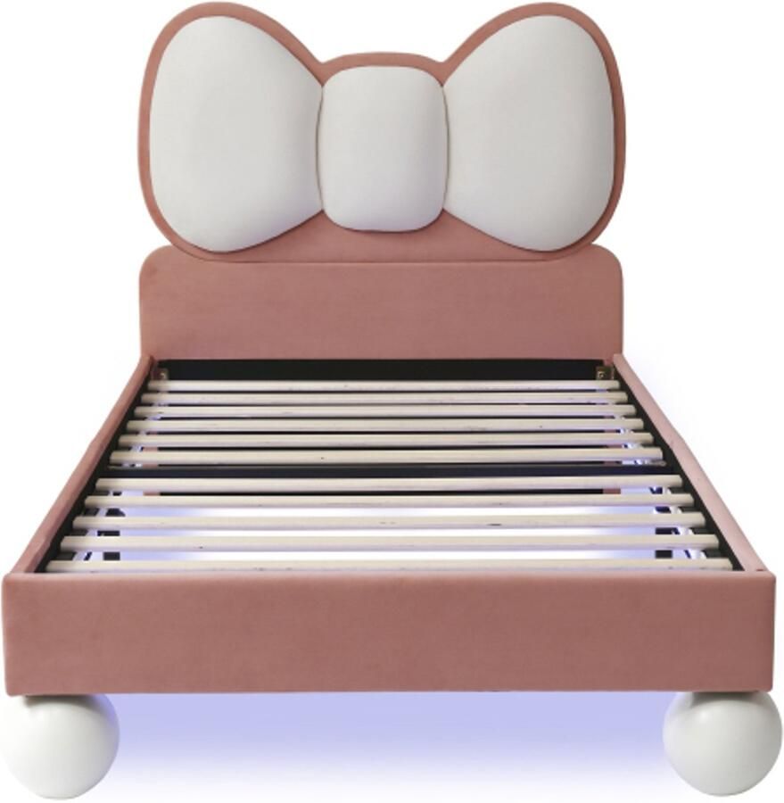 Eenpersoonsbed 90x200cm Zonder Matras Kinderbed Polsterbed Roze Fluweel Vlindervormig Hoofdeinde Met Verstelbare LED Lichtlatten Stabiele Latten Schattig Ontwerp Geschikt Voor Kinderkamer