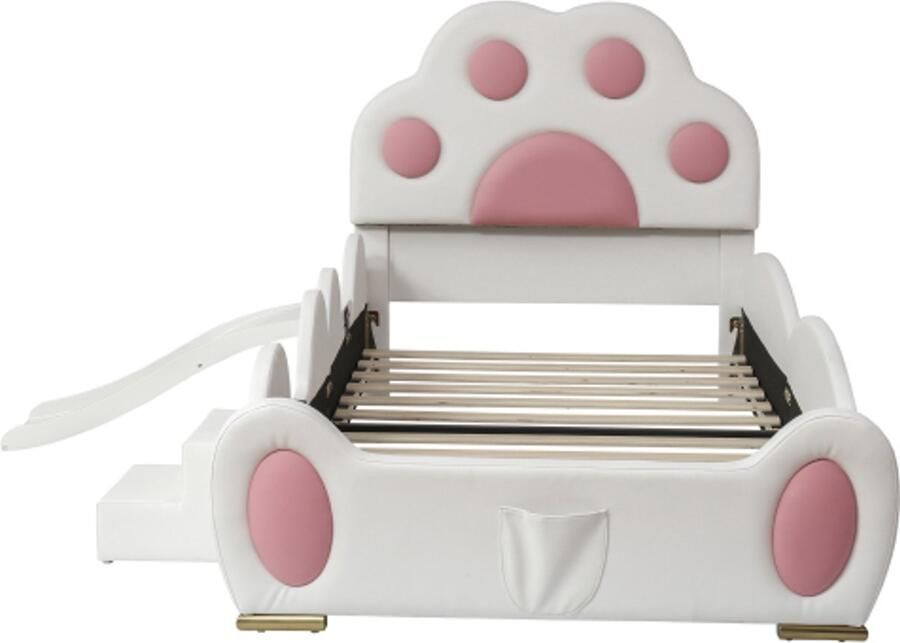 Eenpersoonsbed 90x200cm Zonder Matras Kinderbed PU Gestoffeerd Meisjesbed Met Cartoon Kattenpoot Hoofdbord Met Glijbaan En Twee Staps Ladder Schattig Ontwerp Geschikt Voor Kinderkamer