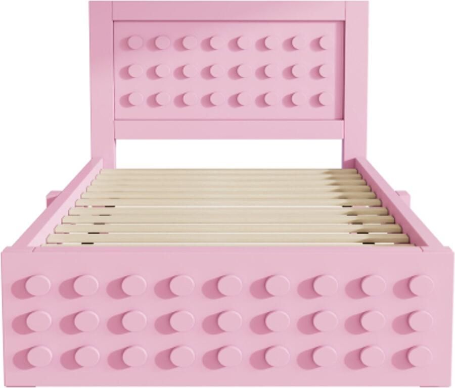 Eenpersoonsbed 90x200cm zonder matras Kinderbed Tienerbed Roze Massief houten bed met lattenbodem lade hoge poten voor opbergruimte en eenvoudig schoonmaken