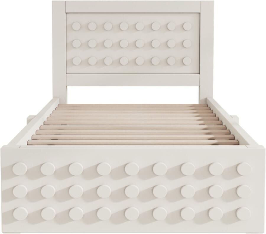 Eenpersoonsbed 90x200cm zonder matras Kinderbed Tienerbed Wit Massief houten bed met lattenbodem lade hoge poten voor opbergruimte en eenvoudig schoonmaken