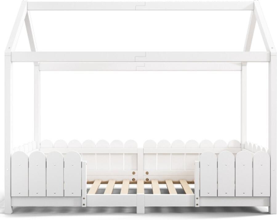 Eenpersoonsbed 90x200cm Zonder Matras Kinderbed Wit Hout Huisbed Massief Houten Bed Voor Jongens En Meisjes Met Valbeveiliging En Lattenbodem