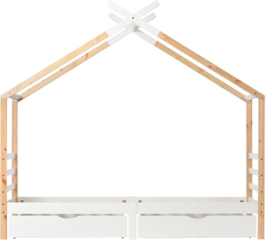 Eenpersoonsbed 90x200cm Zonder Matras Kinderbed Wit Hout Massief Grenenhouten Bed Huisbed Met Lattenbodem En Lade Kinderbed Voor Jongeren Geschikt Voor Kinderkamer