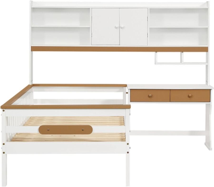 Gotagee Kinderbed met opbergkast met tafel en lades met beschermplaat en lattenbodem L-structuur wit + naturel grenen + MDF + meerlaags plaat 90x200cm