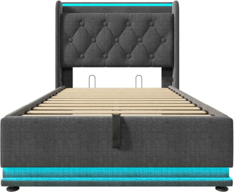 Eenpersoonsbed 90x200cm Zonder Matras Polsterbed Hydraulisch Opbergbed Grijs Linnen Gestoffeerd Hoofdbord Met USB Type C Oplaadfunctie 360 Surround LED Met Drukknop App En Afstandsbediening Modern Slaapkamer Bed Met Opbergruimte