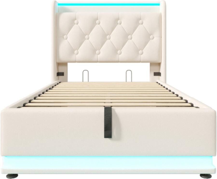 Eenpersoonsbed 90x200cm Zonder Matras Polsterbed Wit PU Leder Hydraulisch Opbergbed Met LED Surround USB Type C Verstelbaar Hoofdbord