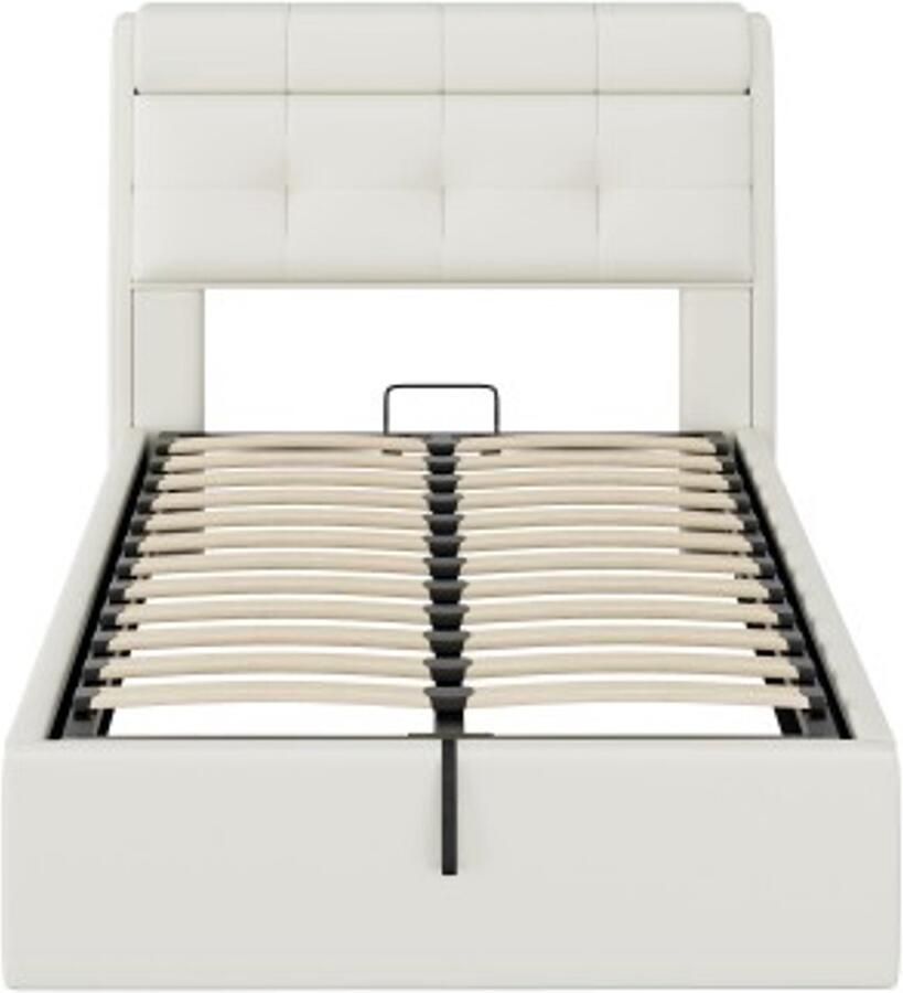 Eenpersoonsbed 90x200cm Zonder Matras Wit PU Gestoffeerd Bed Hydraulisch Met Verborgen Opbergruimte In Hoofdbord En Bedkist Met Lattenbodem Geschikt Voor Slaapkamer Logeerkamer Volwassenen