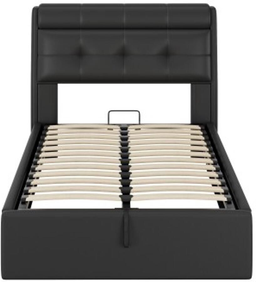 Eenpersoonsbed 90x200cm Zonder Matras Zwart PU Gestoffeerd Bed Hydraulisch Met Verborgen Opbergruimte In Hoofdbord En Bedkist Met Lattenbodem Geschikt Voor Slaapkamer Logeerkamer Volwassenen