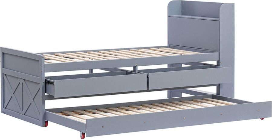Eenpersoonsbed Kinderbed 90x190cm Zonder matras Met uittrekbaar bed en uittrekbare lade Hoofdeinde met opbergplank en oplaadpoort Stevig houten frame Grijs