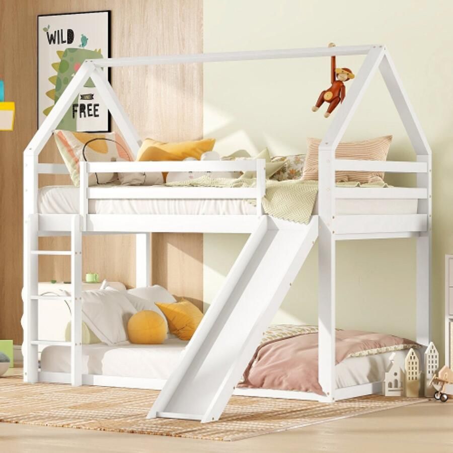 Eenpersoonsbed kinderbed huisbed stapelbed met dia en ladder wit 90x200cm
