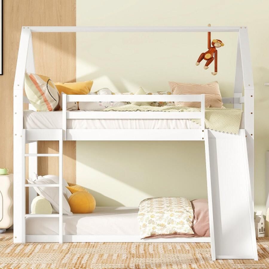 Eenpersoonsbed kinderbed huisbed stapelbed met glijbaan en ladder wit 90x200cm