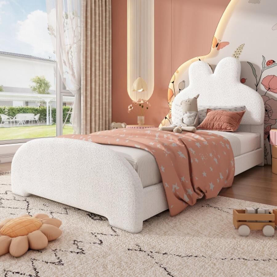 Merlooks Eenpersoonsbed Gestoffeerd bed bedhoofd in de vorm van een konijnenoor eenvoudig stijlvol en comfortabel cartooneske stijl imitatie van fleece wit 90x200cm