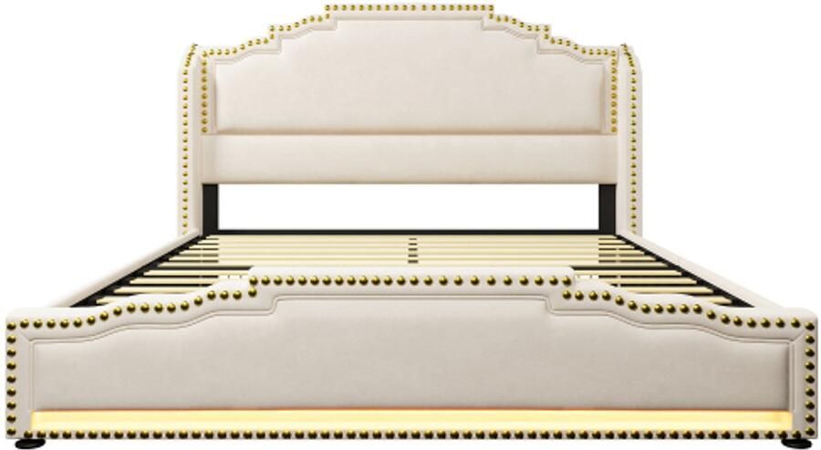 Eenpersoonsbed140x200cm Zonder Matras Polsterbed Beige Fluweel Met 4 Lade LED USB C Opbergbed Lattenbodem Jongerenbed Comfortabel Stijlvol Praktisch Voor Slaapkamer