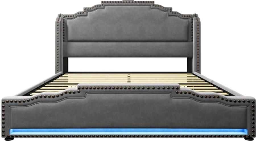 Eenpersoonsbed140x200cm Zonder Matras Polsterbed Grijs Fluweel Met 4 Lade LED USB C Opbergbed Lattenbodem Jongerenbed Comfortabel Stijlvol Praktisch Voor Slaapkamer