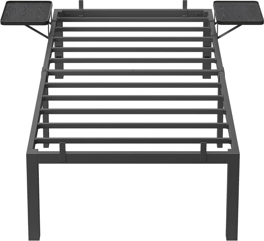 Eenpersoonsbedframe Metalen Bedframe met Nachtkastjes Logeerbedframe voor 90 x 190 cm Matrassen Eenvoudige Montage Klassiek Zwart