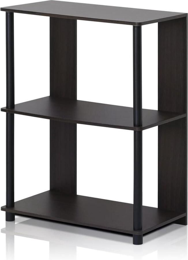 Eenvoudig 3-laags boekenkast displayrek met roestvrijstalen buizen bewerkt hout walnoot zwart moderne stijl