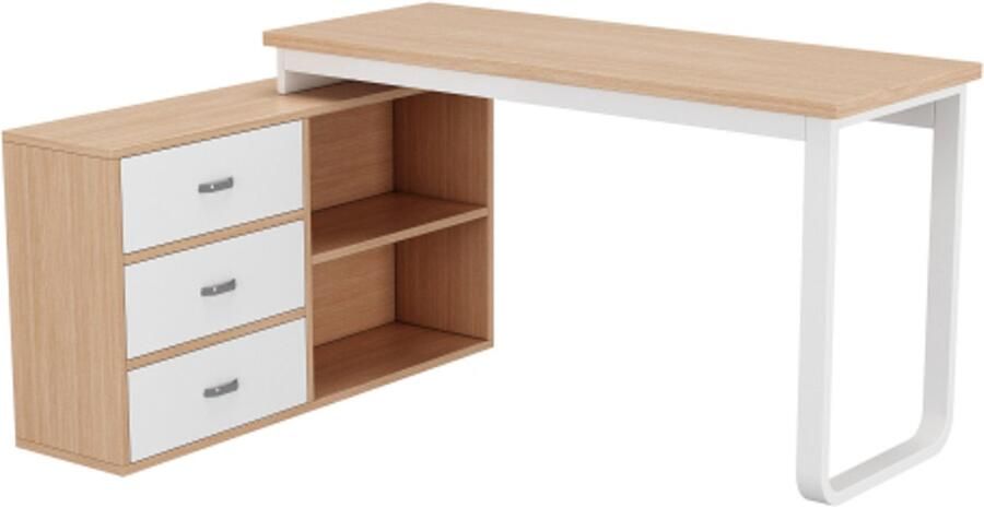 Eenvoudig bureau kantoortafel drie laden twee open opbergvakken massief stalen buis breed en dik tafelblad naturel wit