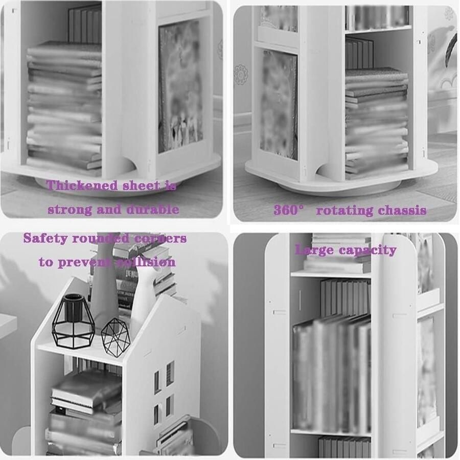 Eenvoudige boekenplank voor kinderen Home cartoon kinderboekenplank Kleuterschool speelgoed opbergrek Roterend klein huisrek Wit 41 * 41 * 95cm Boekenkast kind