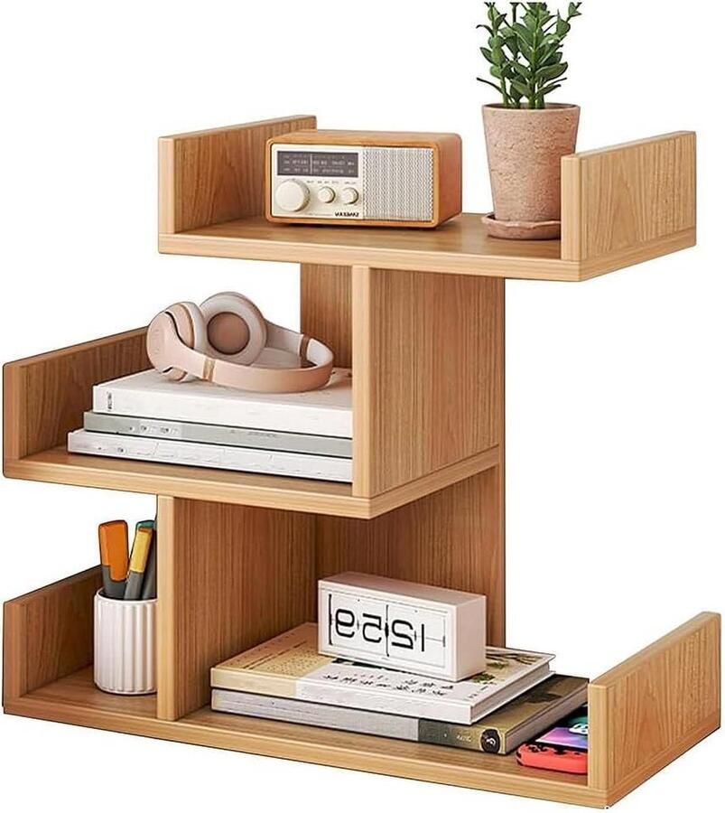 Eenvoudige desktop kleine boekenkast bureaurek modern massief houten boekenrek voor studenten opbergrek houtkleur