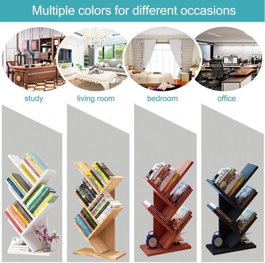 Eenvoudige houten boom boekenplank Creatief houten displayrek voor boeken Multifunctionele desktop organizer met CD-opslag 5-tier vloerstaande boekenkast voor woonkamer en thuiskantoor