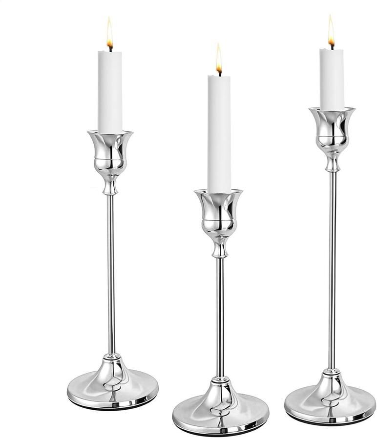 Eenvoudige Kegel Kaarsenstak 3-stuks Set 16cm 19cm 22cm Verschillende Hoogte Kaarsenstand Huisdecoratie Center Ornament Geschikt Voor Eettafel Woonkamer Bruiloft En Festival Decoratie Zilver