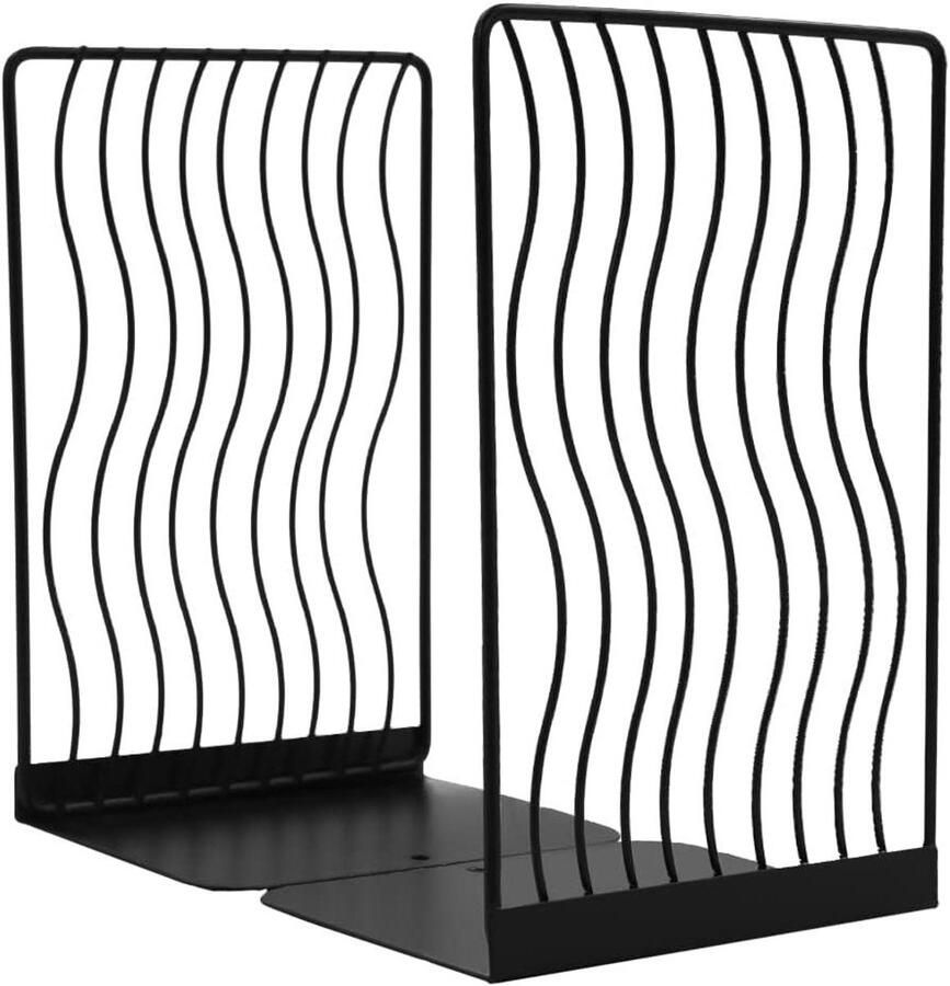 Eenvoudige zwarte metalen boekensteunen voor bureau of planken Modern L-vormig design met golvende lijn Antislip Organisator voor kinderen Geschikt voor thuiskantoor bibliotheek of school Decoratief en praktisch Geometrisch ontwerp
