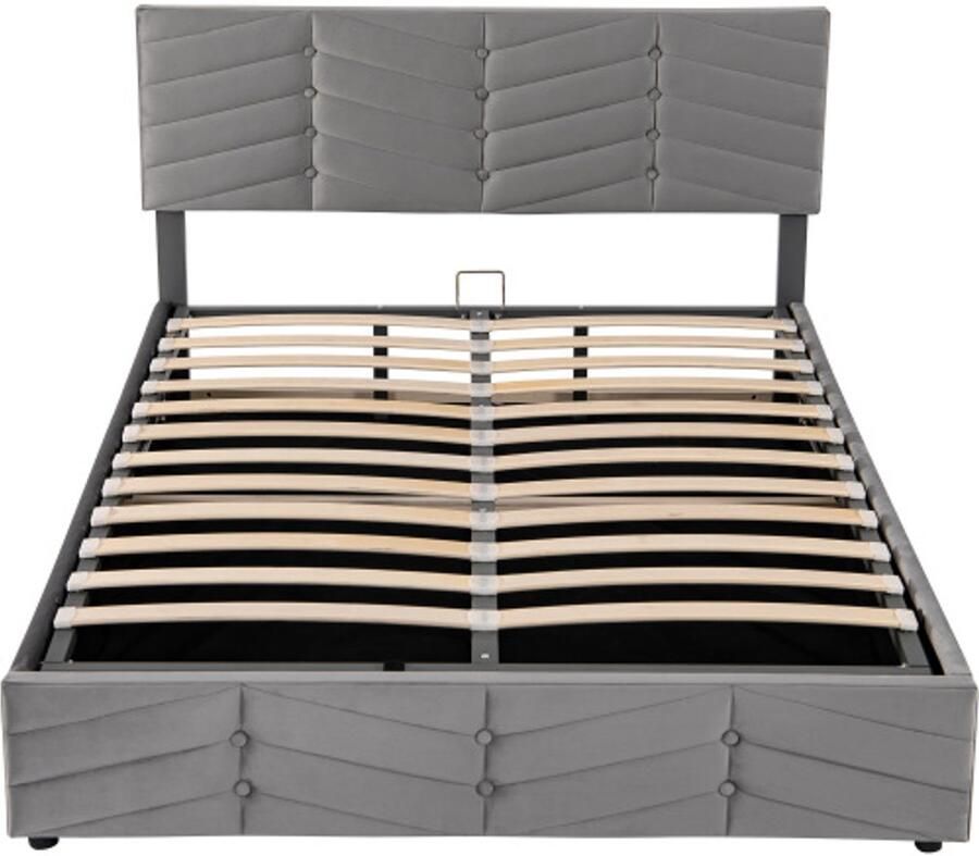 Eepersoonsbed 140x200 cm Zonder Matras Polsterbed Grijs Fluweel Hydraulisch Functiebed Strepen-Stijl Continentalbed Verstelbaar Hoofdbord Modern Design Geschikt Voor Slaapkamer En Logeerkamer