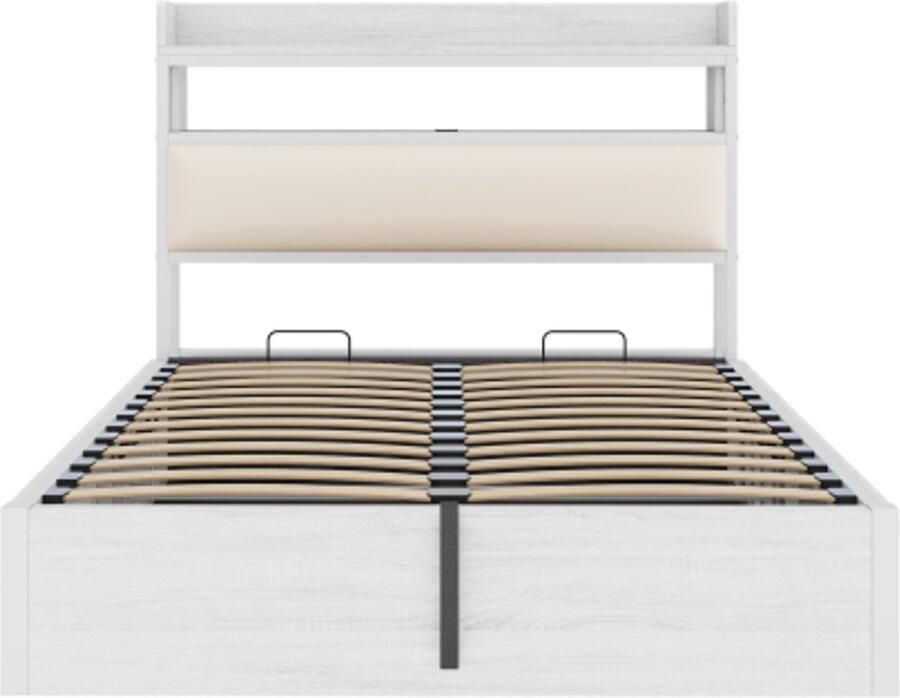 Eepersoonsbed 140x200 cm Zonder Matras Wit MDF En Metaal Hydraulisch Met Opbergruimte Gepolsterd Hoofdbord USB Vintage Ontwerp Voor Slaapkamer En Gastenkamer