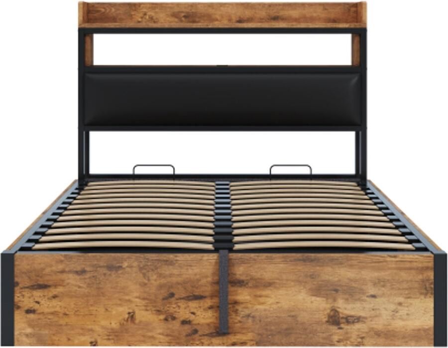Eepersoonsbed 140x200 cm Zonder Matras Zwart MDF En Metaal Hydraulisch Met Opbergruimte Gepolsterd Hoofdbord USB Vintage Ontwerp Voor Slaapkamer En Gastenkamer
