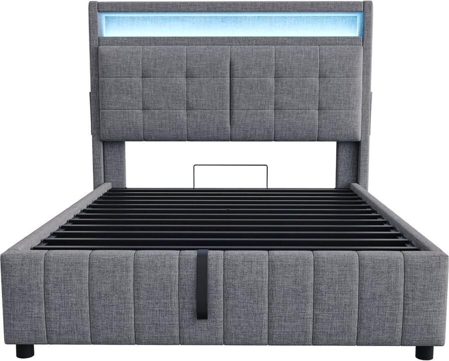 Eepersoonsbed 140x200 Zonder Matras Polstebed Grijs Linnen Met Led USB Hoofdeinde Met Opbergruimte Hydraulische Opbergruimte Lattenbodem Geschikt Voor Slaapkamer En Logeerkamer