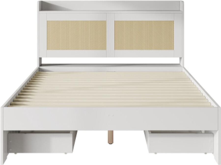 Eepersoonsbed 140X200 Zonder Matras Wit MDF Opbergbed Met Rattan Decor Functiebed Met Lades Extra Opbergruimte Voor Volwassenen En Tieners