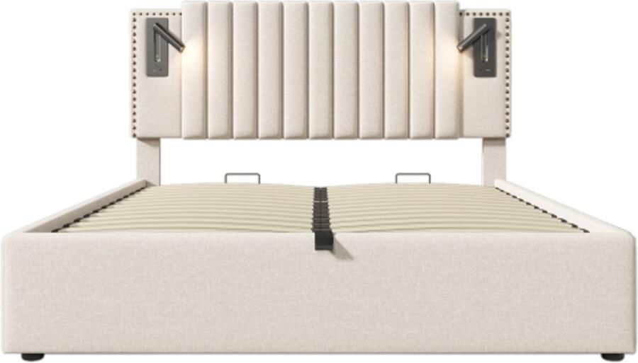 Tweepersoonsbed 160x200cm Zonder Matras Gestoffeerd Bed Beige Katoen Met Lattenbodem Met Opbergruimte Met LED Lezenlamp En USB Hoofdbord Modern Ontwerp
