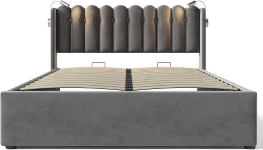 Eepersoonsbed 140x200cm Zonder Matras Gestoffeerd bed Grijs Flueer Met Hoofdbord Opbergruimte LED Leeslamp USB Opladen Lattenbodem Voor Slaapkamer