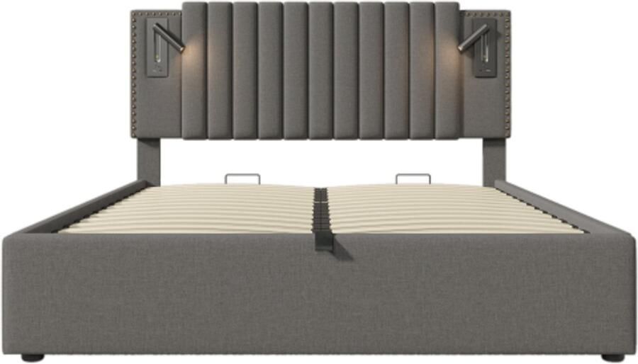 Tweepersoonsbed 160x200cm Zonder Matras Gestoffeerd Bed Grijs Katoen Met Lattenbodem Met Opbergruimte Met LED Lezenlamp En USB Hoofdbord Modern Ontwerp