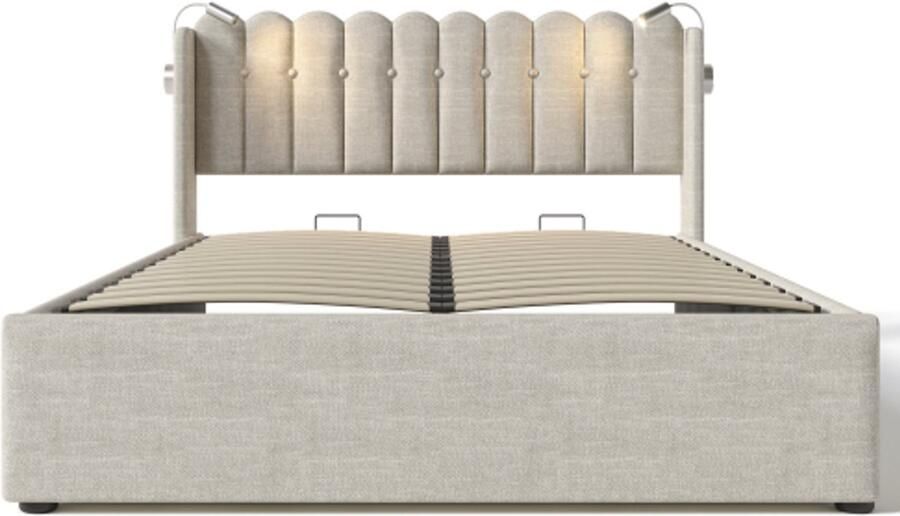 Eepersoonsbed 140x200cm Zonder Matras Gestoffeerd bed Natuur Linnen Met Hoofdbord Opbergruimte LED Leeslamp USB Opladen Lattenbodem Voor Slaapkamer