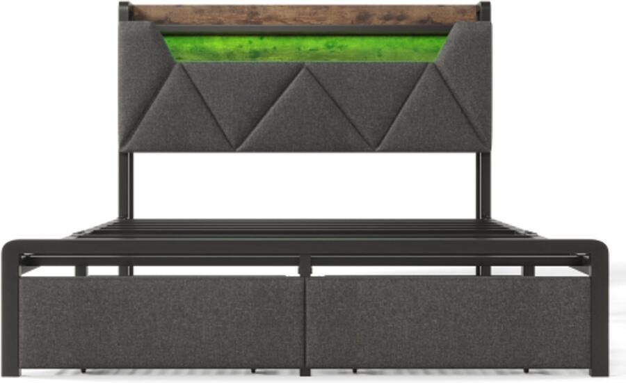 Eepersoonsbed 140x200cm Zonder Matras Grijs Linnen Met Lades Led Verlichting Usb Type C Met Opbergruimte Metalen Frame Moderne Stijl Industriële Stijl