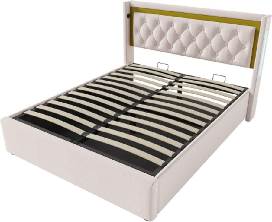 Eepersoonsbed 140x200cm Zonder Matras Polsterbed Beige Katoen Met Led USB Type C Hoofdbord Met Lattenbodem Modern Ontwerp Voor Slaapkamer