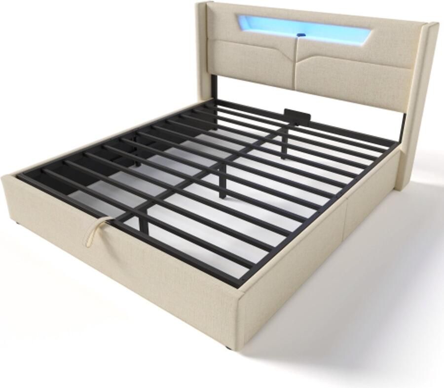 Eepersoonsbed 140x200cm Zonder Matras Polsterbed Beige Linnen Met LED Verlichting USB Type C Ladefunctie Stauraumbed Met Lattenbodem Geschikt Voor Slaapkamer
