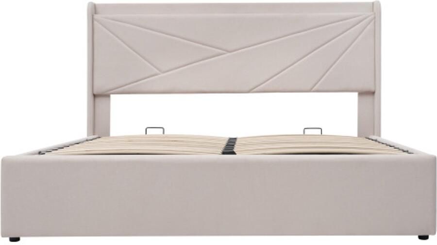 Eepersoonsbed 140x200cm Zonder Matras Polsterbed Beige Linnen Met USB Type C Hoofdbord En 2 Opbergkasten Lattenbodem Geschikt Voor Jongeren Modern Design