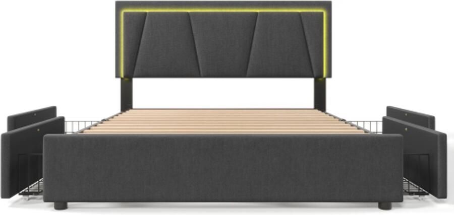 Eepersoonsbed 140x200cm Zonder Matras Polsterbed Grijs Lattenbodem Hout Met LED Verlichting 4 Laden Verstelbaar Hoofdbord Opbergbed Modern Design Geschikt Voor Slaapkamer