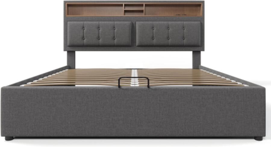Eepersoonsbed 140x200x92cm Polsterbed Zonder Matras Grijs Linnen Met Grote bedstee USB TYPE C Hoofdeinde Verstelbaar Houten Lattenbodem Modern Ontwerp Voor Slaapkamer