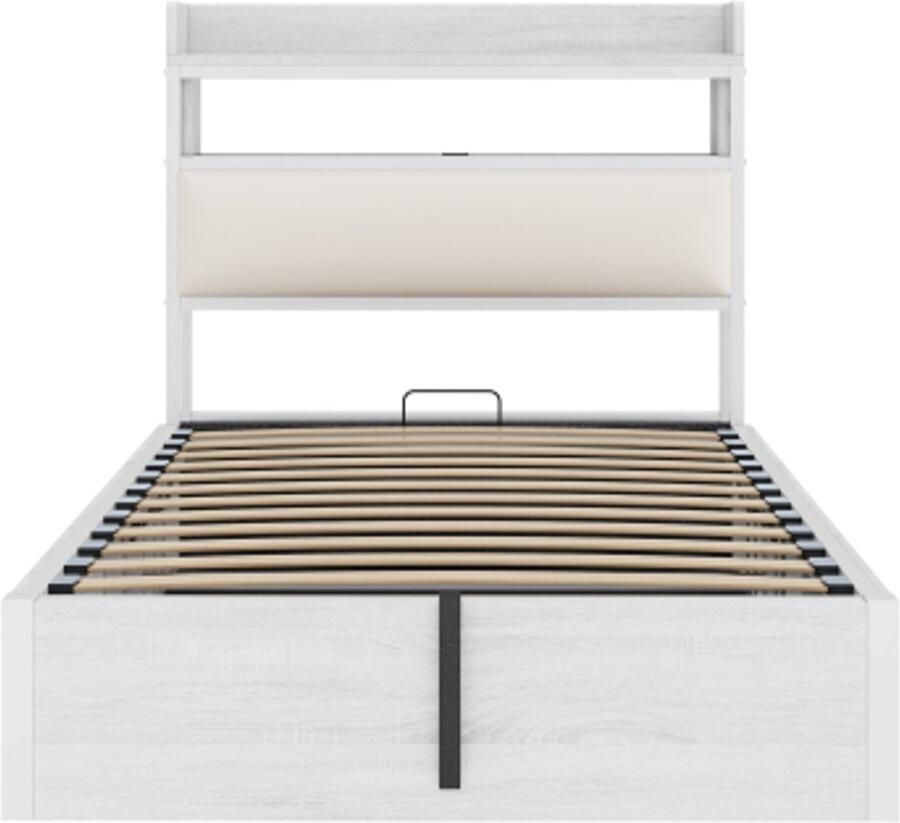 Eepersoonsbed 90x200 cm Zonder Matras Wit MDF En Metaal Hydraulisch Met Opbergruimte Gepolsterd Hoofdbord USB Vintage Ontwerp Voor Slaapkamer En Gastenkamer