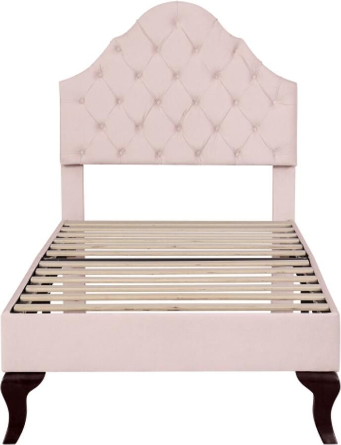 Eepersoonsbed 90x200cm Polsterbed Zonder Matras Roze Fluweel Verstelbaar Hoofdeinde Lattenbodem Eenvoudige Montage Volwassenen Jongeren