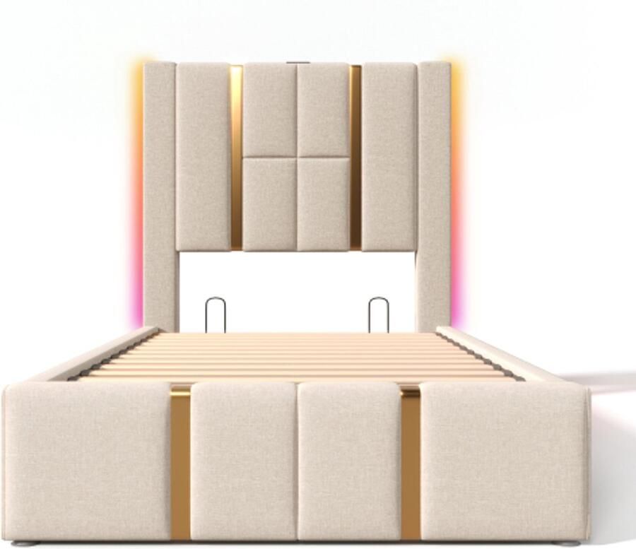 Eepersoonsbed 90x200cm Zonder Matras Gestoffeerd Bed Beige Linnen Met Houten Lattenbodem Hydraulische Opbergruimte LED Verlichting Met APP-control & USB Type-C Modern Design Comfortabel Hoofdbord Slaapkamer