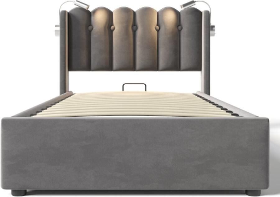 Eepersoonsbed 90x200cm Zonder Matras Gestoffeerd bed Grijs Flueer Met Hoofdbord Opbergruimte LED Leeslamp USB Opladen Lattenbodem Voor Slaapkamer