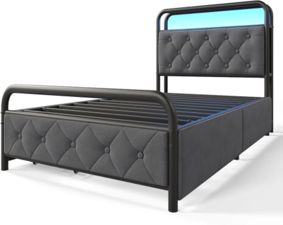 Eepersoonsbed 90x200cm Zonder Matras Gestoffeerd Bed Grijs Fluweel Met 4 Laden Metalen Bedframe LED-verlichting Met APP-control & USB Type-C Oplaadfunctie Modern Design Eenvoudig Bed Voor De Slaapkamer