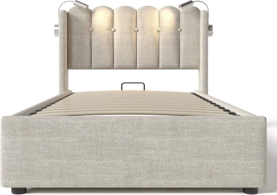 Eepersoonsbed 90x200cm Zonder Matras Gestoffeerd bed Natuur Linnen Met Hoofdbord Opbergruimte LED Leeslamp USB Opladen Lattenbodem Voor Slaapkamer