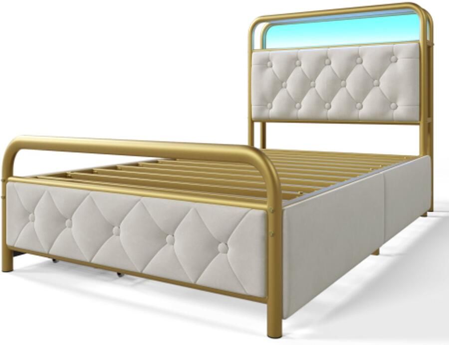 Eepersoonsbed 90x200cm Zonder Matras Gestoffeerd Bed Wit Fluweel Met 4 Laden Metalen Bedframe LED-verlichting Met APP-control & USB Type-C Oplaadfunctie Modern Design Eenvoudig Bed Voor De Slaapkamer