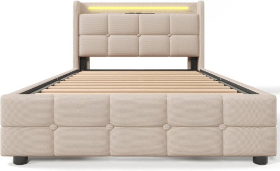 Eepersoonsbed 90x200cm Zonder Matras Polsterbed Beige Hout Met LED En USB Hoofdbord 2 Laden Opbergbed Modern Design Geschikt Voor Slaapkamer