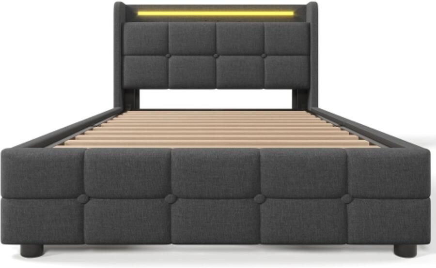 Eepersoonsbed 90x200cm Zonder Matras Polsterbed Grijs Hout Met LED En USB Hoofdbord 2 Laden Opbergbed Modern Design Geschikt Voor Slaapkamer